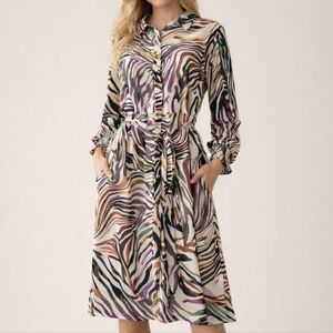 Atelier Women's Dress Size 8 Abstract Front Button Up Self Tie Sash Long Sleeve
